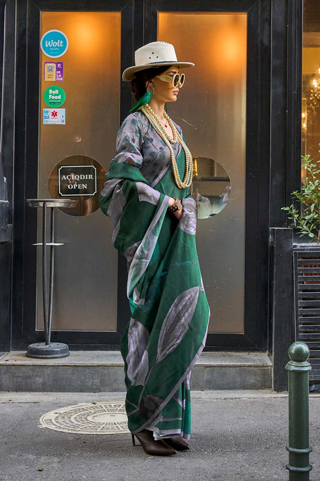 Kolumbus Dark Green Satin Printed Saree