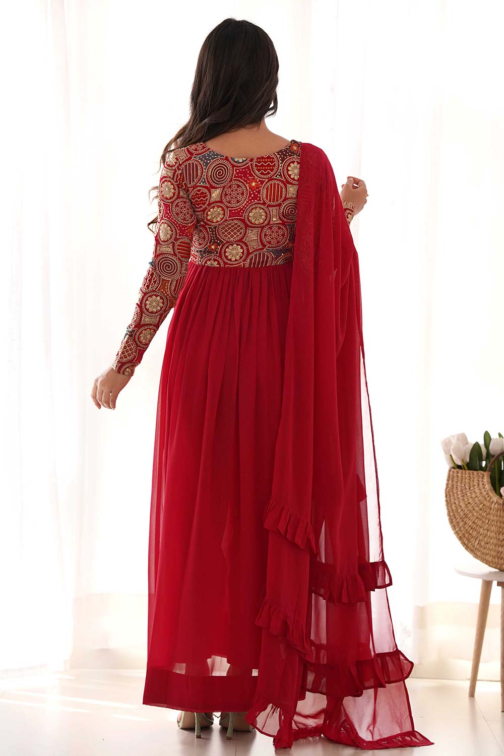 Red Georgette Embroidered Full Sleeves Anarkali Suit Set