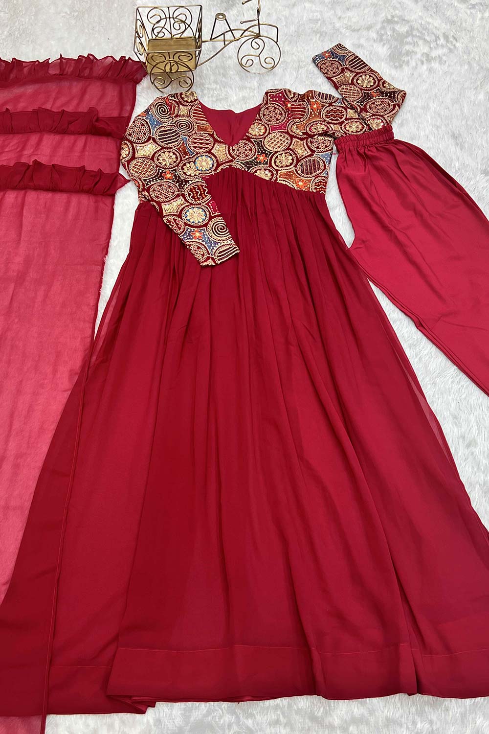 Red Georgette Embroidered Full Sleeves Anarkali Suit Set