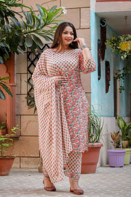 Multi-Color Floral Print Sequins Work Pure Cotton Kurta Set