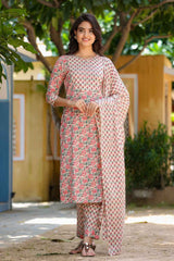 Pink Floral Print Mirror Workÿ Pure Cotton Kurta Set