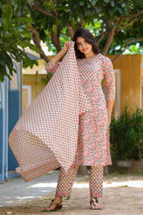 Pink Floral Print Mirror Workÿ Pure Cotton Kurta Set