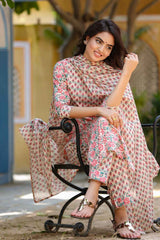 Pink Floral Print Mirror Workÿ Pure Cotton Kurta Set