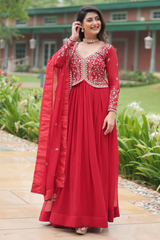 Red Solid Embroidered Georgette Gown