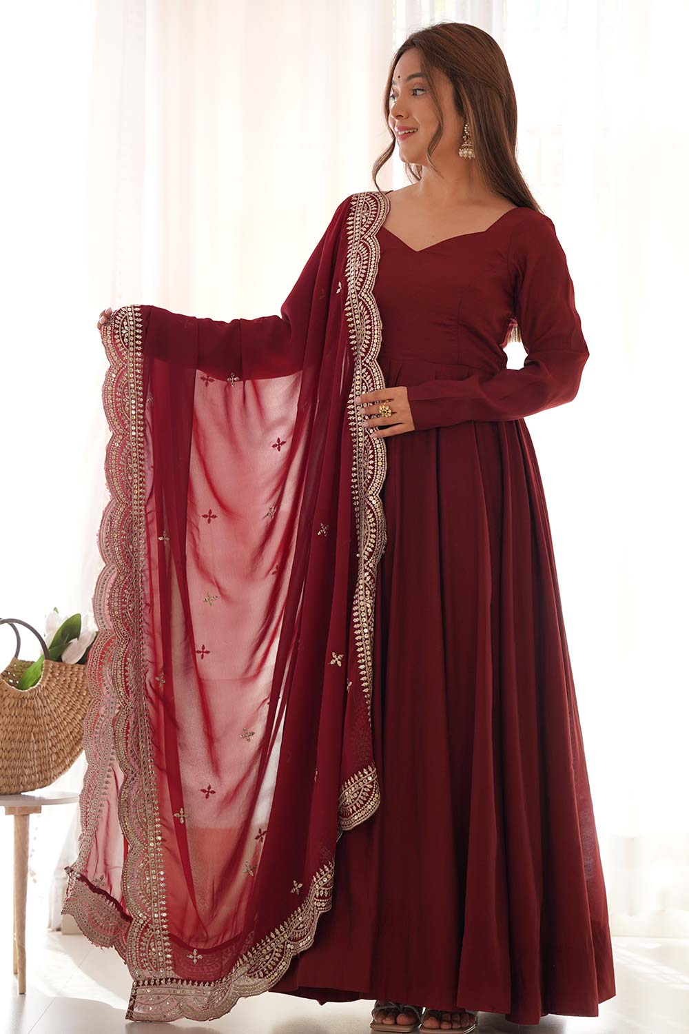 Maroon Chanderi Solid Anarkali Suit Set