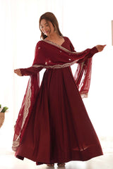 Maroon Chanderi Solid Anarkali Suit Set