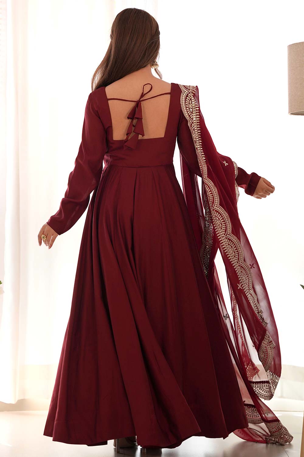 Maroon Chanderi Solid Anarkali Suit Set