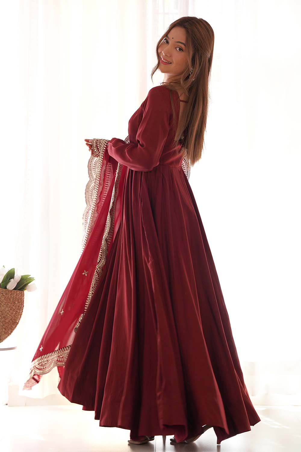 Maroon Chanderi Solid Anarkali Suit Set