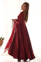 Maroon Chanderi Solid Anarkali Suit Set