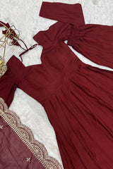 Maroon Chanderi Solid Anarkali Suit Set