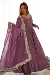 Mauve Chanderi Solid Anarkali Suit Set