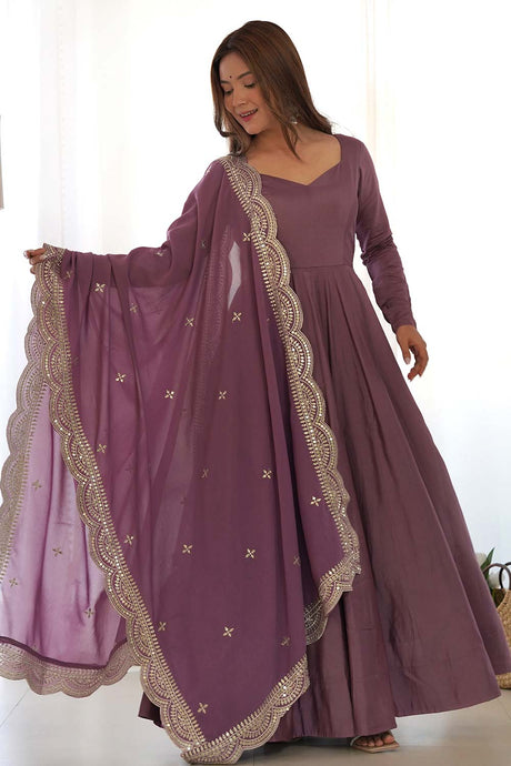 Mauve Chanderi Solid Anarkali Suit Set