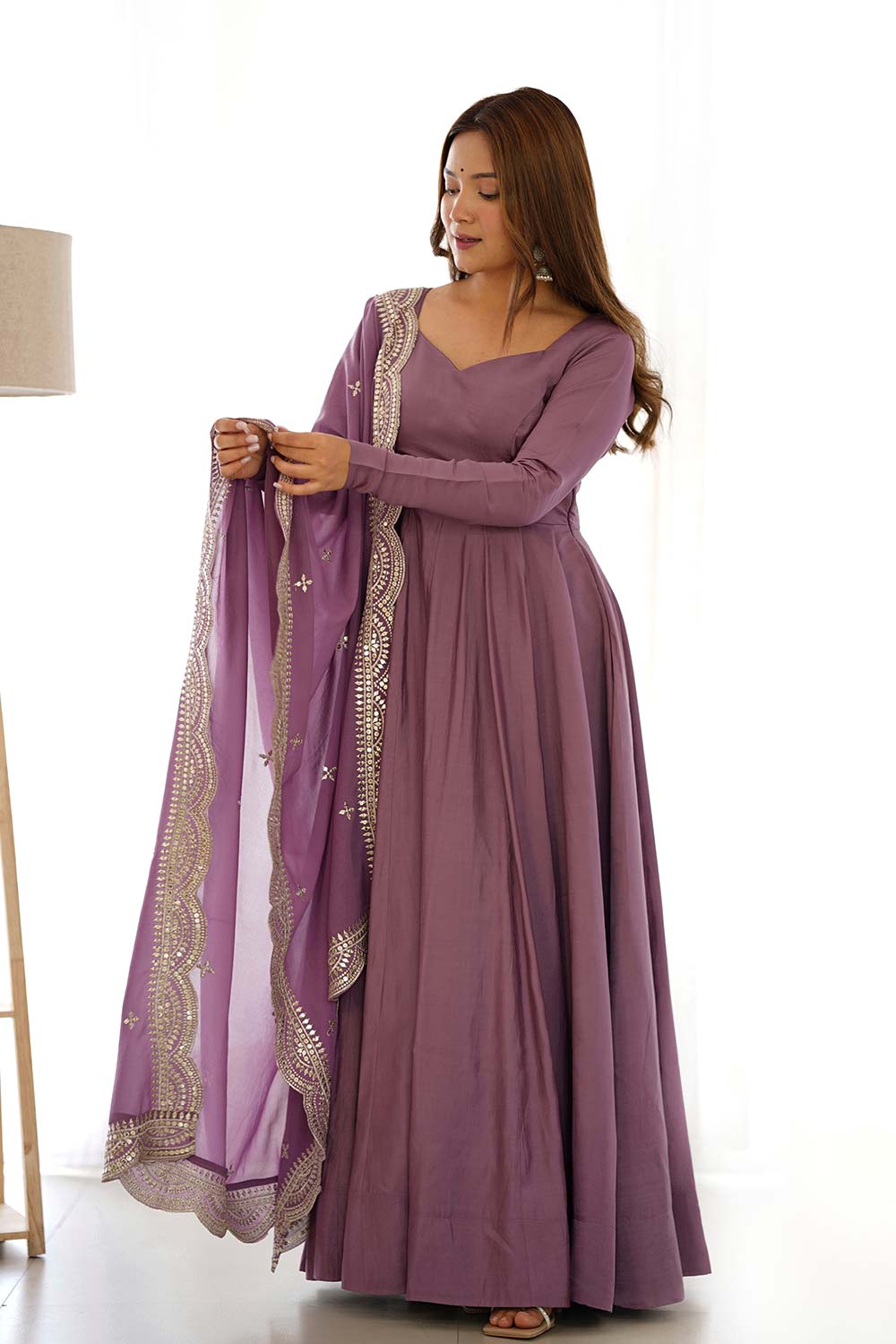 Mauve Chanderi Solid Anarkali Suit Set