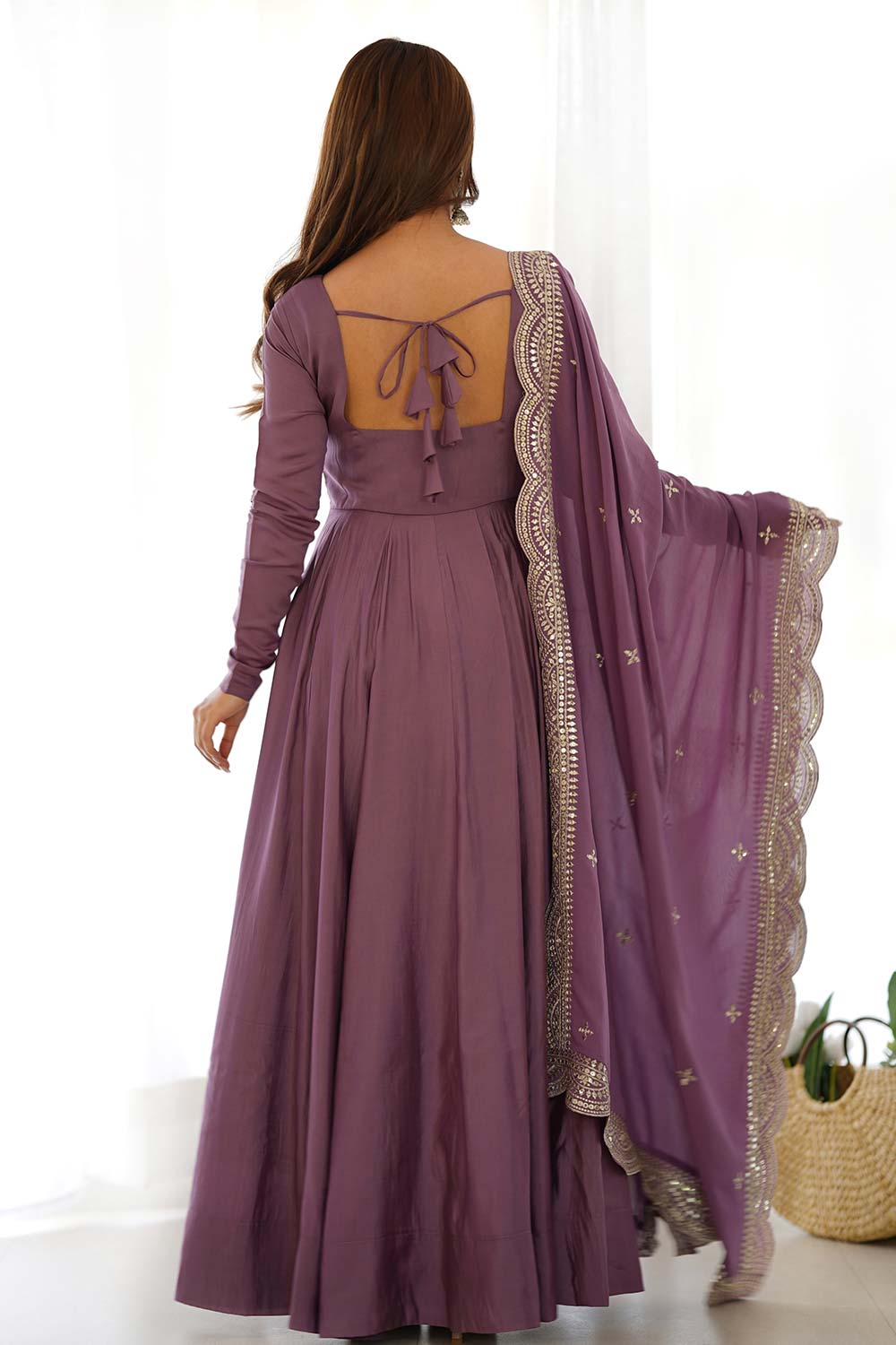 Mauve Chanderi Solid Anarkali Suit Set