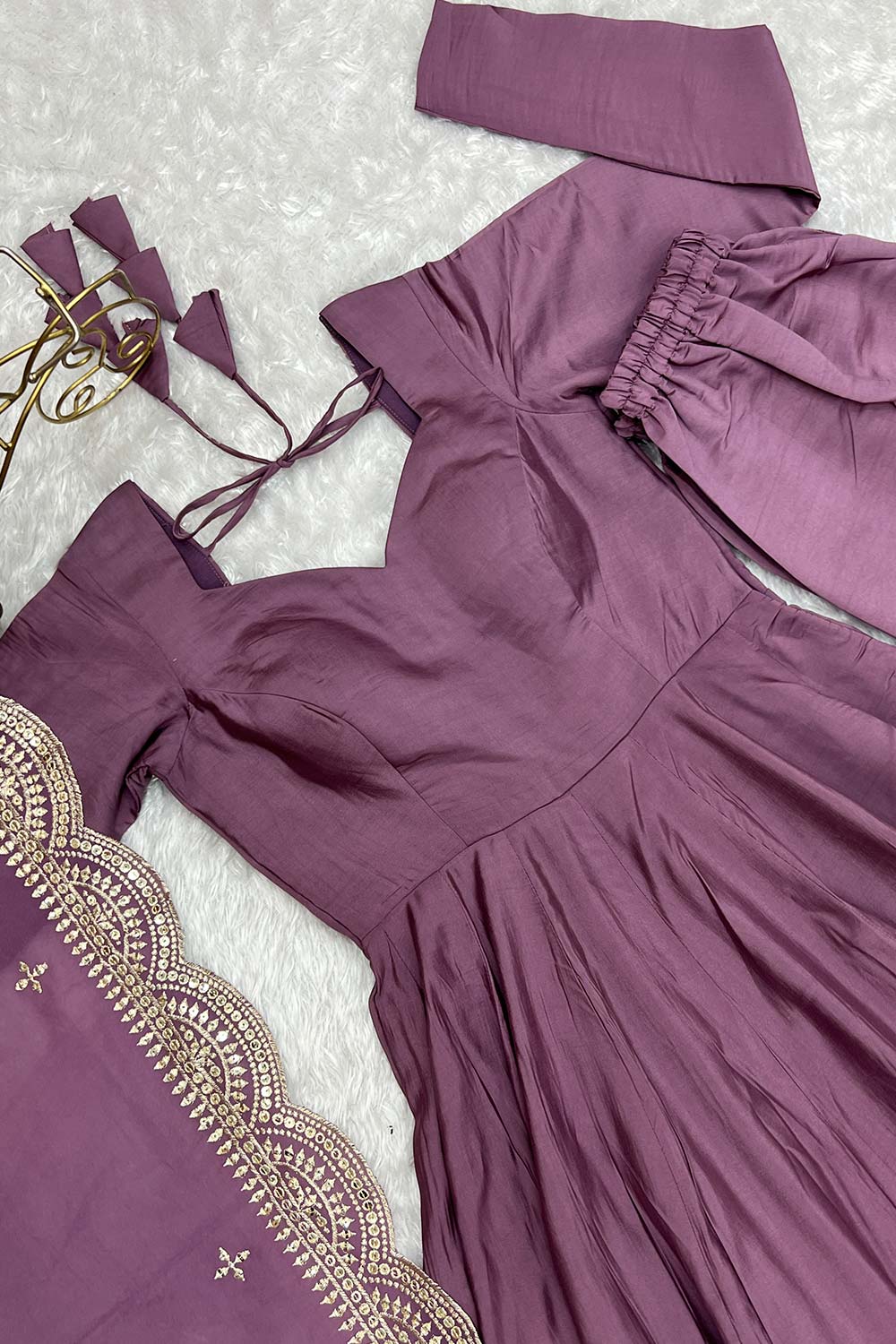 Mauve Chanderi Solid Anarkali Suit Set