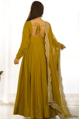 Roman Silk Chanderi Fabric Fully Flair Gown With Dupatta And Pant