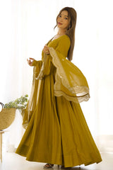 Roman Silk Chanderi Fabric Fully Flair Gown With Dupatta And Pant