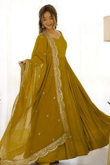 Roman Silk Chanderi Fabric Fully Flair Gown With Dupatta And Pant