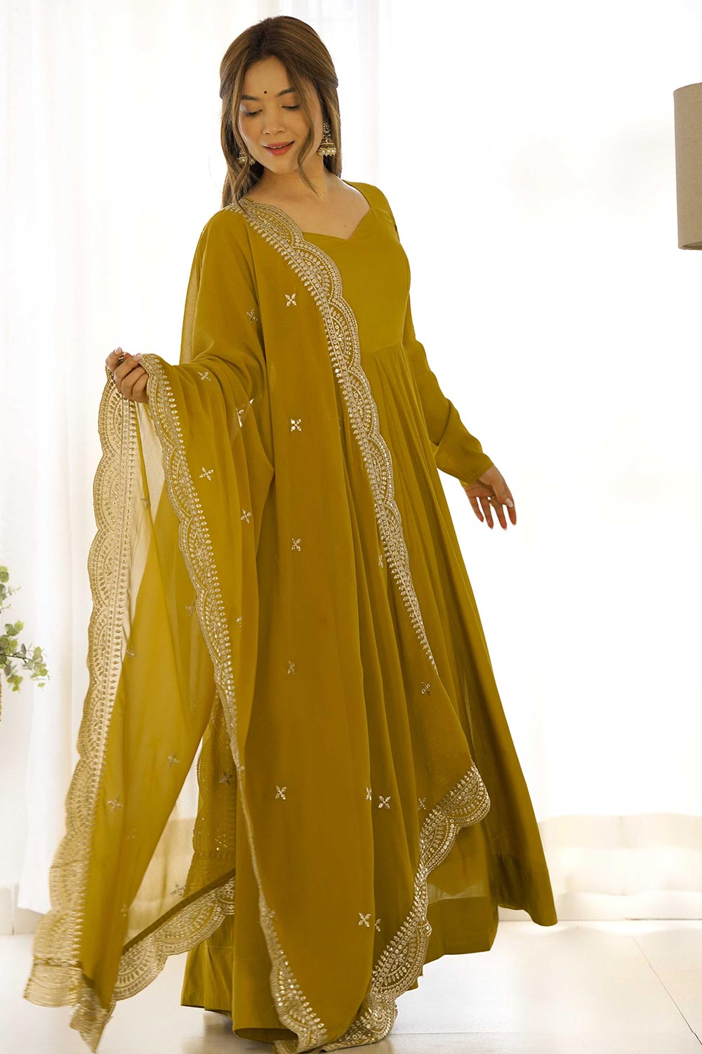 Roman Silk Chanderi Fabric Fully Flair Gown With Dupatta And Pant