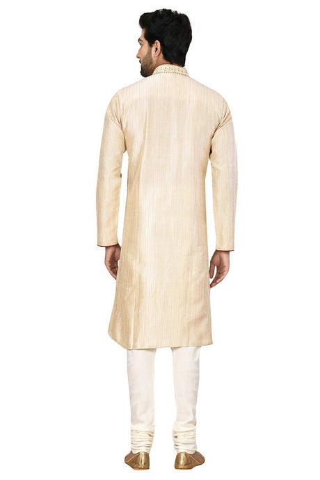 Men's Beige Cotton Embroidered Full Sleeve Kurta Churidar