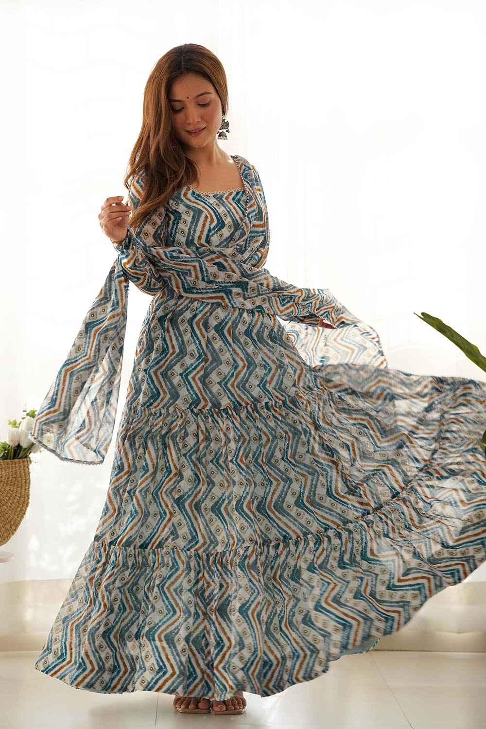 Blue Printed Woven Georgette Gown