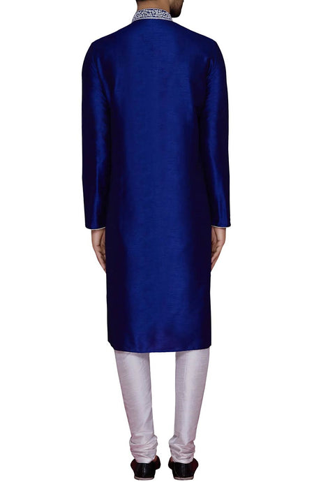 Men's Royal Blue Cotton Embroidered Full Sleeve Kurta Churidar