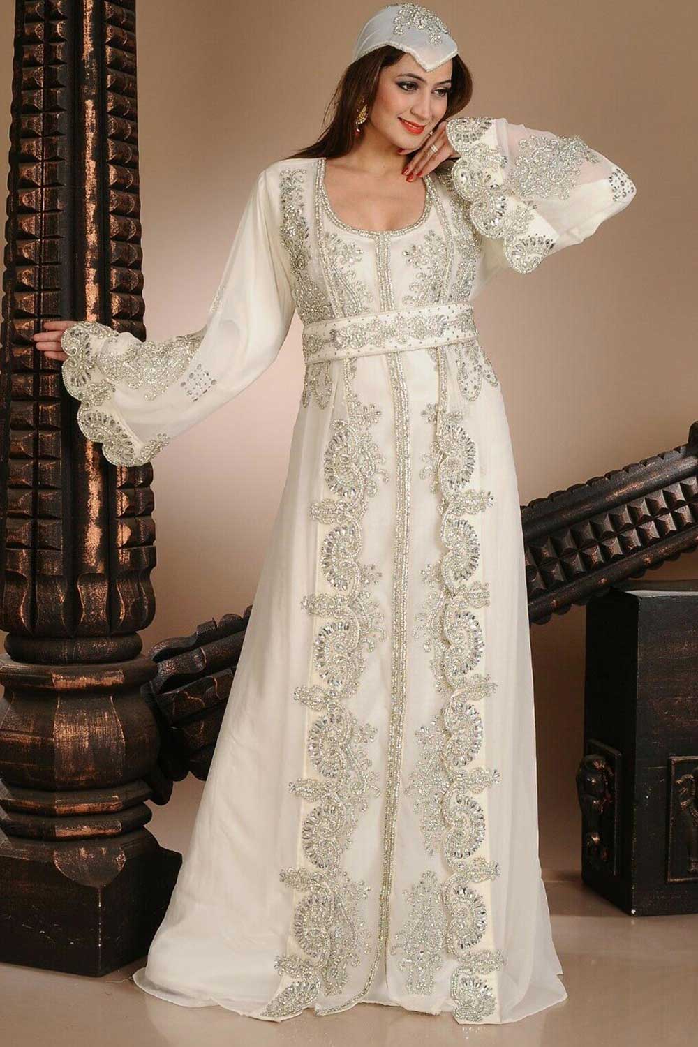 Georgette Embellished Kaftan Gown In Cream