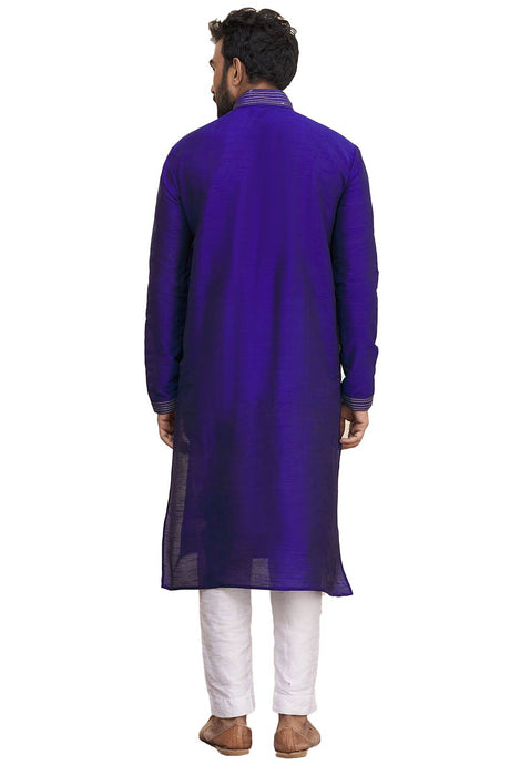 Men's Royal Blue Silk Embroidered Full Sleeve Kurta Churidar