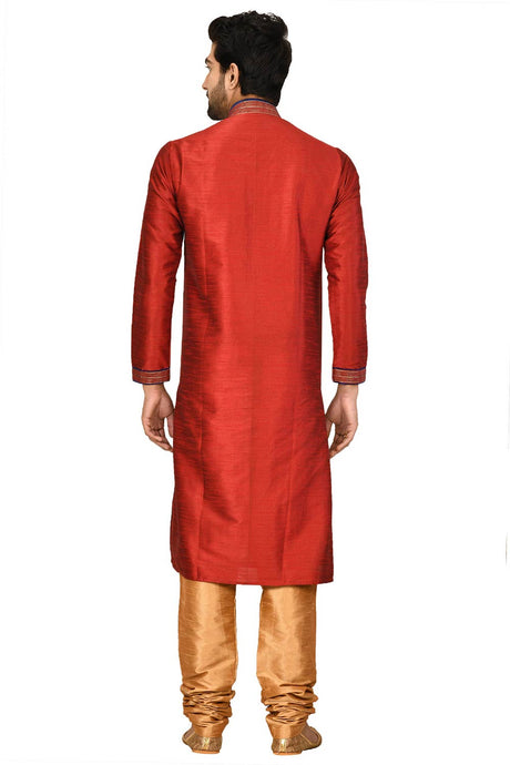 Men's Maroon Silk Embroidered Full Sleeve Kurta Churidar