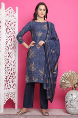 Navy Blue Muslin Digital Printed Salwar Suit