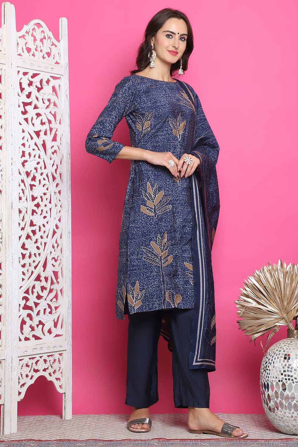 Navy Blue Muslin Digital Printed Salwar Suit