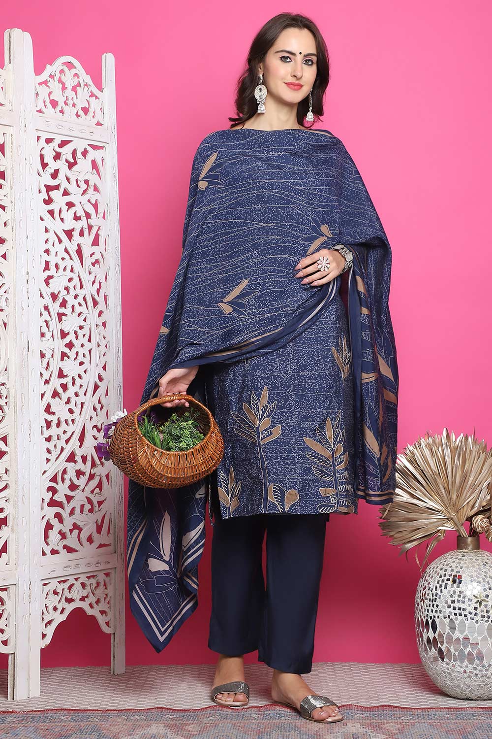 Navy Blue Muslin Digital Printed Salwar Suit