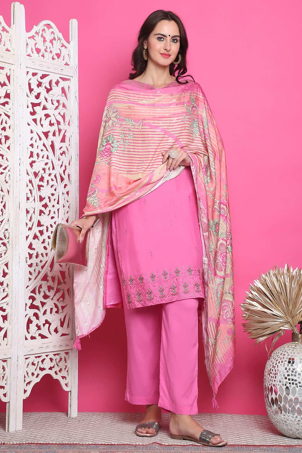 Pink Muslin Embroidered Salwar Suit