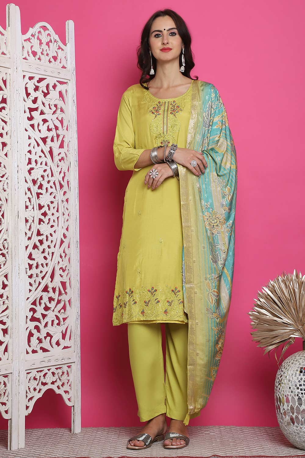 Lemon Yellow Muslin Embroidered Salwar Suit