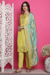 Lemon Yellow Muslin Embroidered Salwar Suit