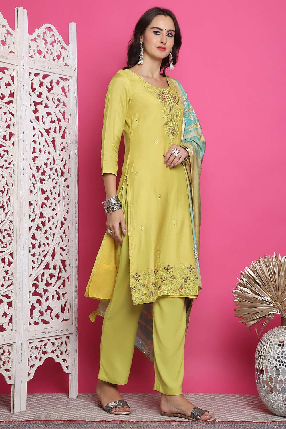 Lemon Yellow Muslin Embroidered Salwar Suit