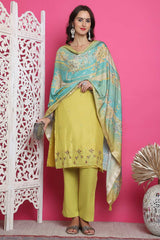 Lemon Yellow Muslin Embroidered Salwar Suit