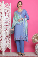 Blue Muslin Embroidered Salwar Suit