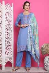 Blue Muslin Embroidered Salwar Suit