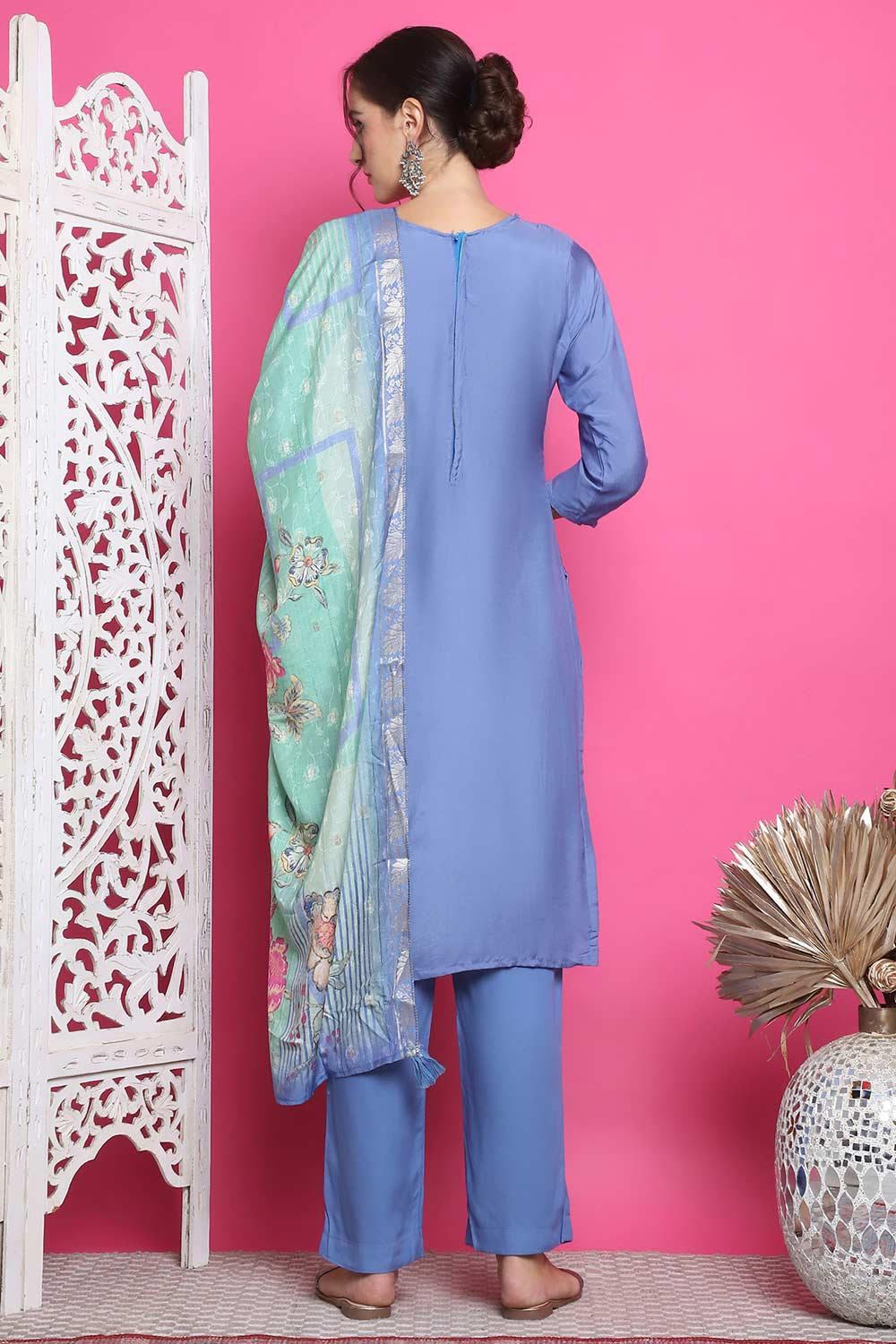 Blue Muslin Embroidered Salwar Suit