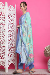 Blue Muslin Embroidered Salwar Suit