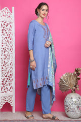 Blue Muslin Embroidered Salwar Suit