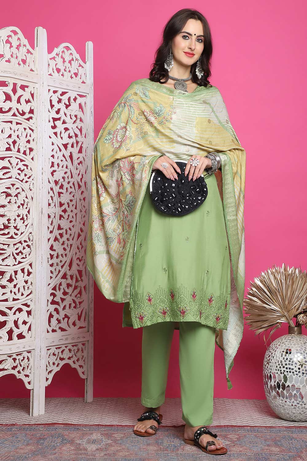 Green Muslin Embroidered Salwar Suit