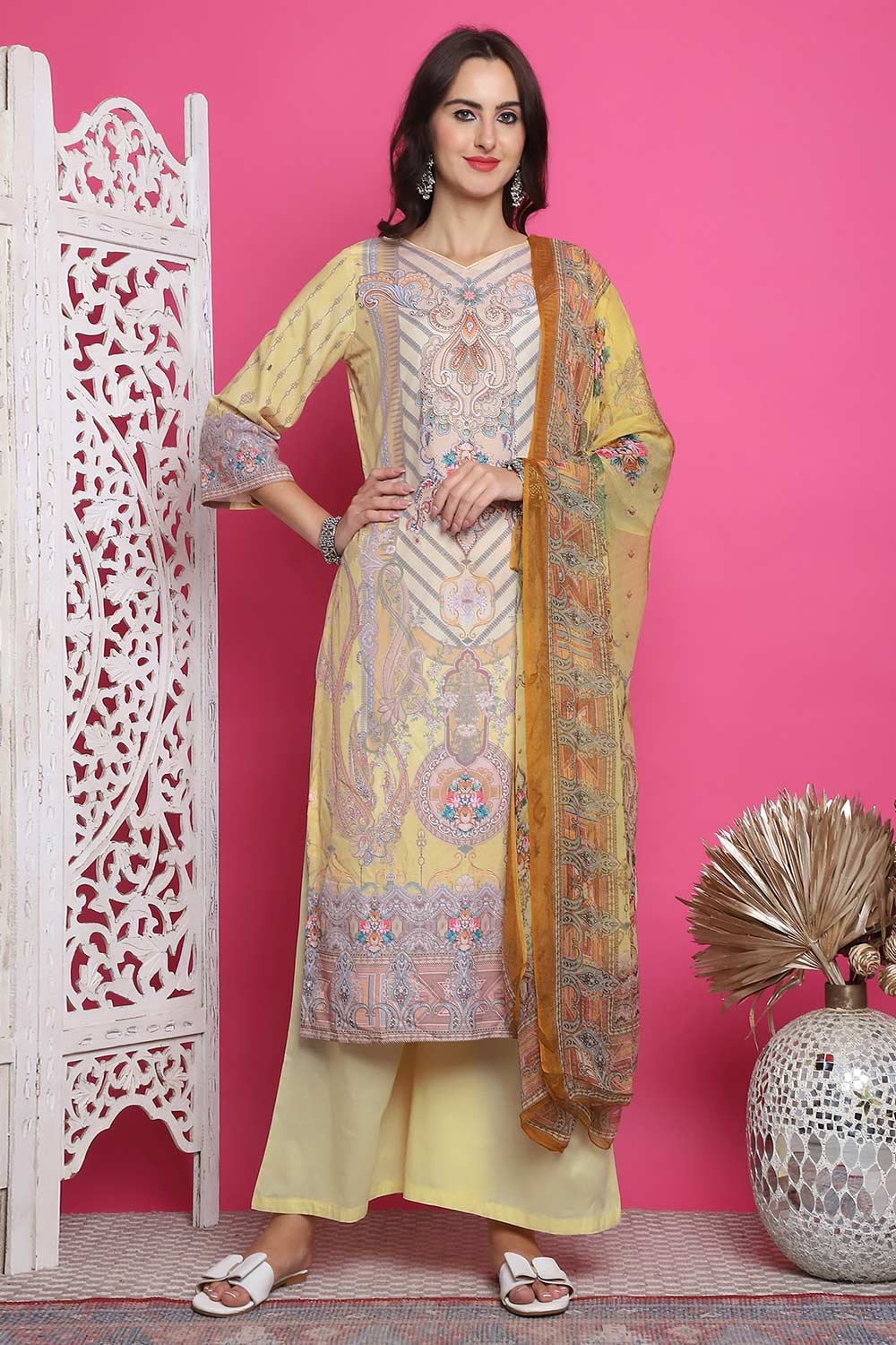 Yellow Satin Digital Printed Salwar Suit