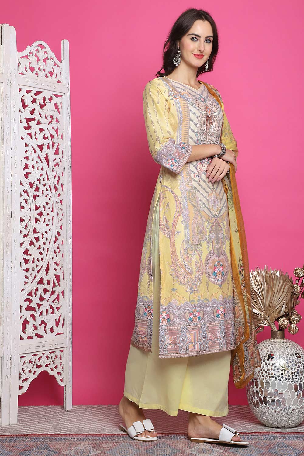 Yellow Satin Digital Printed Salwar Suit