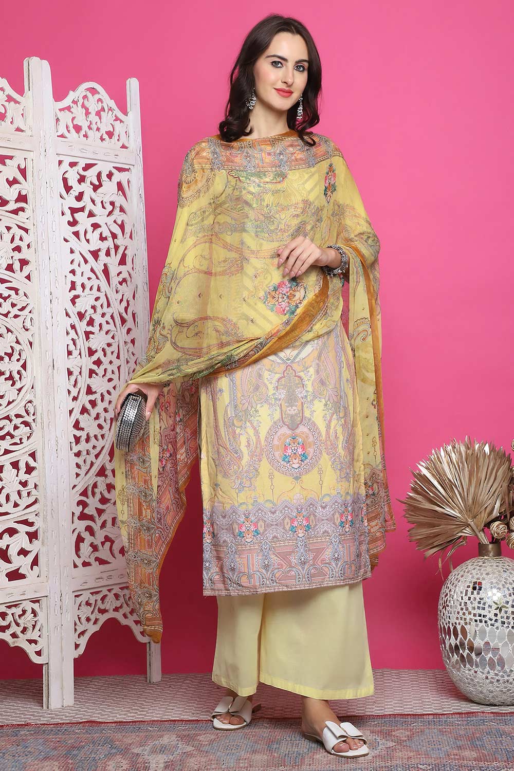 Yellow Satin Digital Printed Salwar Suit