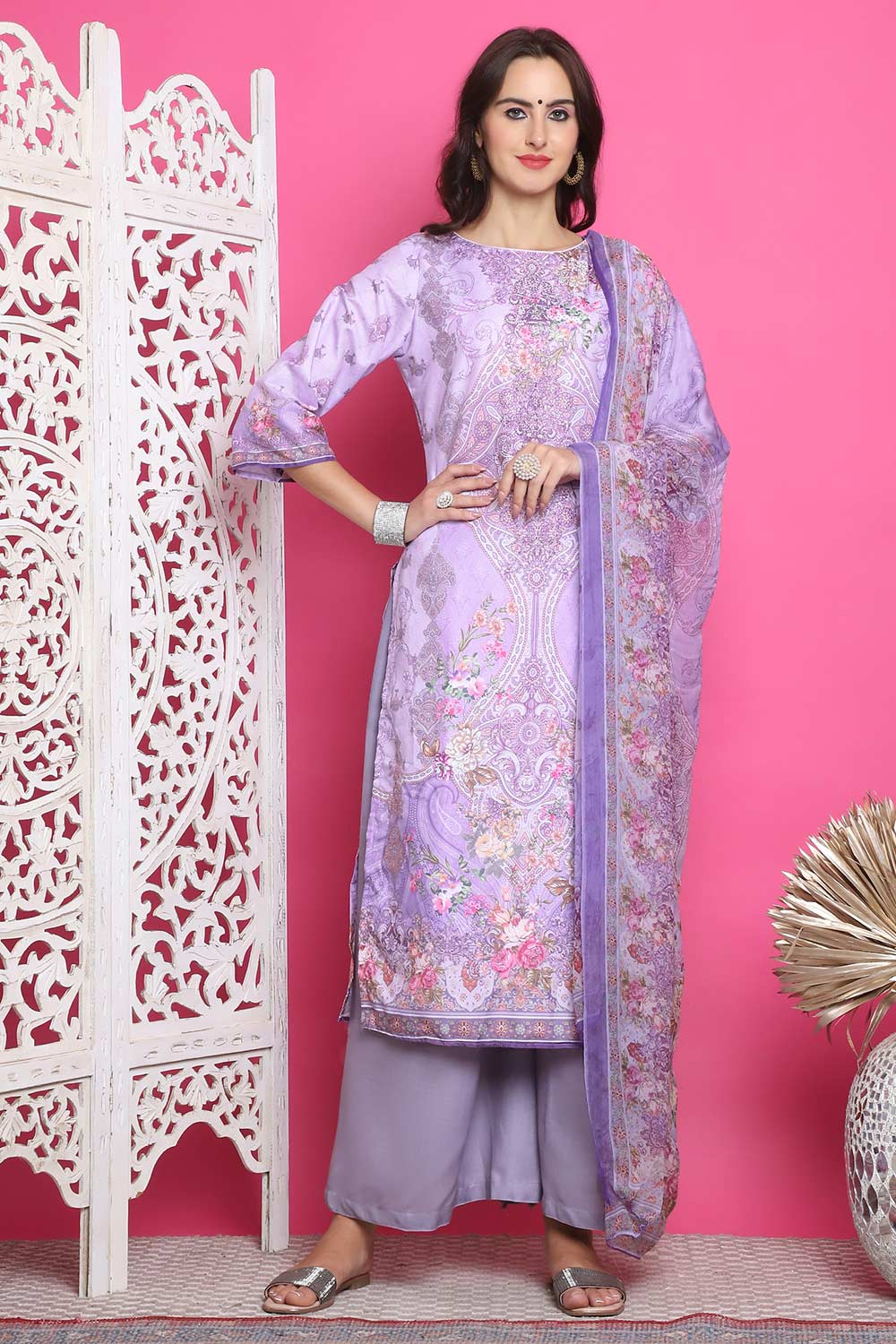 Lavender Satin Digital Printed Salwar Suit