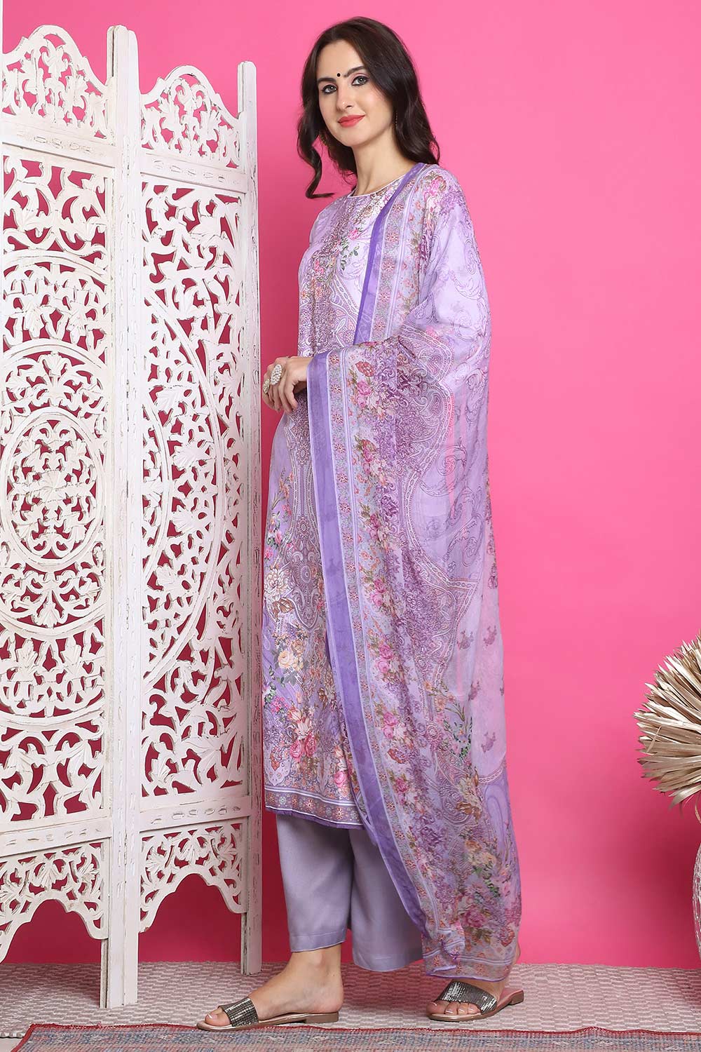 Lavender Satin Digital Printed Salwar Suit