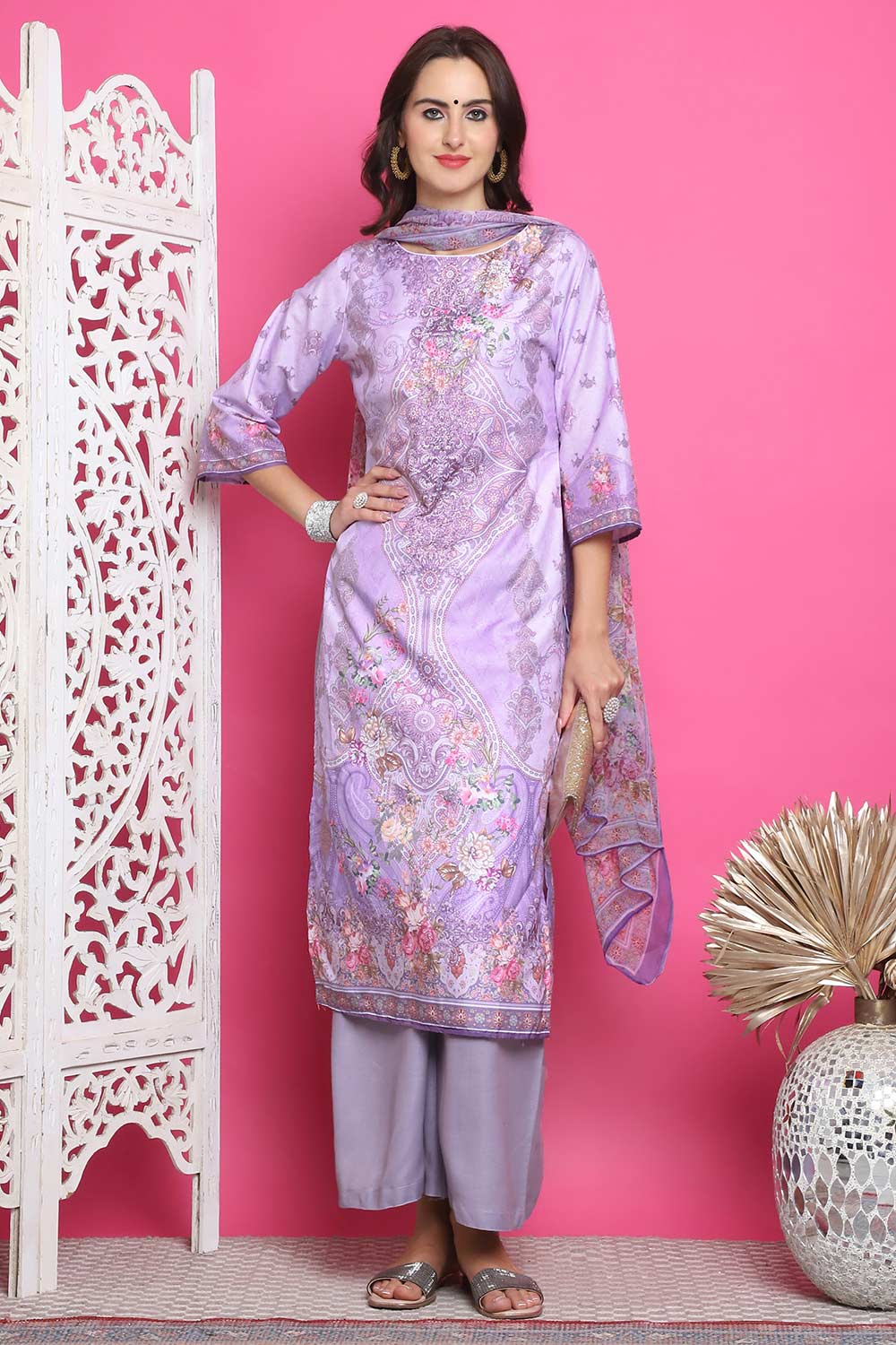 Lavender Satin Digital Printed Salwar Suit