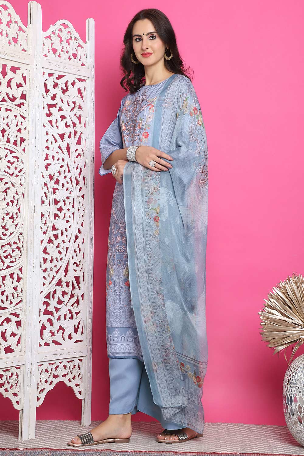 Grey Satin Digital Printed Salwar Suit